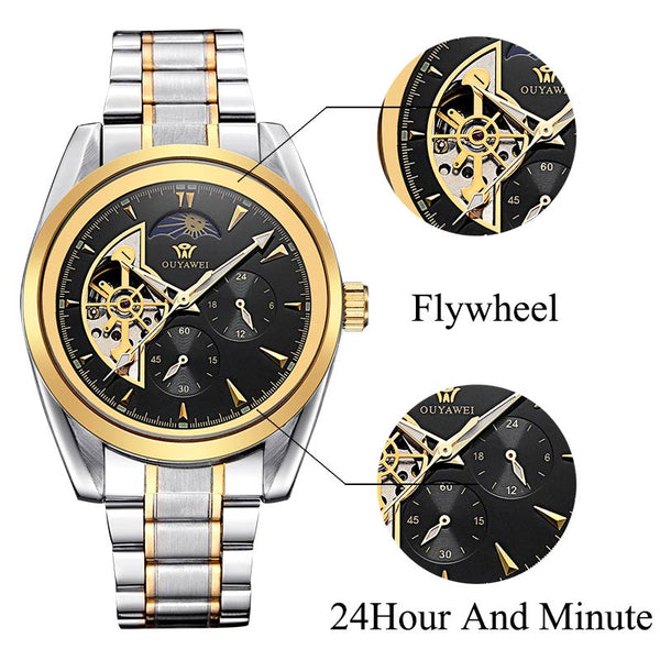 OUYAWEI GOLD Mechanical Wrist Mens Watch Top Brand Luxury Automatic Clock Men 22mm Stainless Steel Skeleton Reloj Hombre