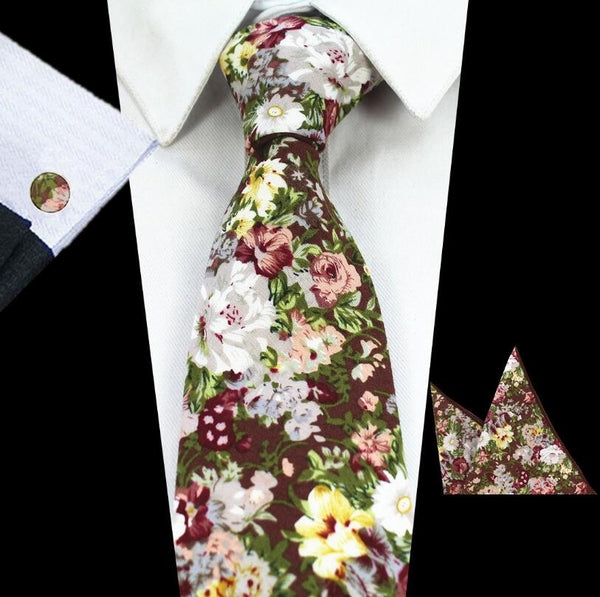 RBOCOTT New Design 8cm Cotton Tie Set Floral Ties Handkerchief And Cufflinks Business Wedding Party Printing Neck Ties For Men