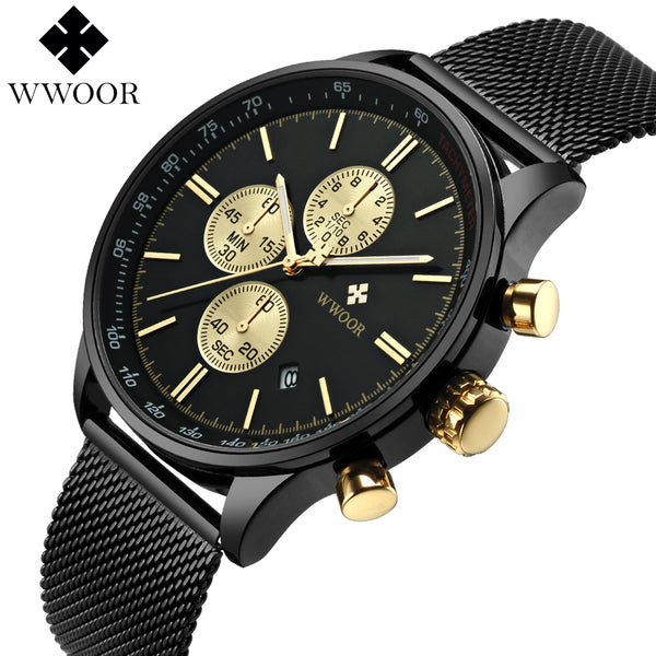 WWOOR Luxury Brand Watch Men's Casual Business Stainless Steel Mesh band Sport men Quartz Watch Fashion Thin Clock Chronograph