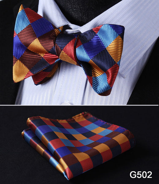 Check Polka Dot Silk Jacquard Woven Men Butterfly Self Bow Tie BowTie Pocket Square Handkerchief Hanky Suit Set G5