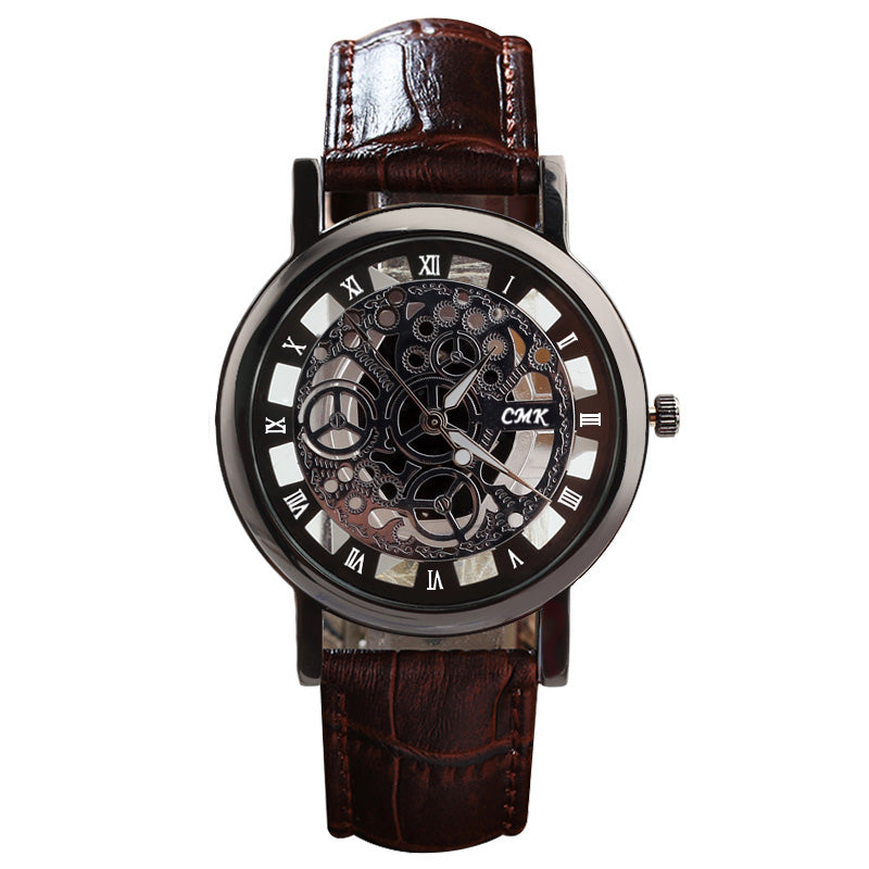 Luxury Fashion Casual Leather strap Men Skeleton Watch Women Dress Quartz Watches Engraving Hollow Business Wristwatch Relogio