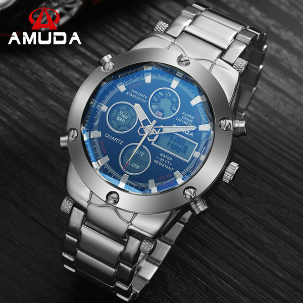 Watches Men Luxury Brand AMUDA Sports Military Watches Dual Time Quartz Analog Digital LED Steel Strap Wristwatches