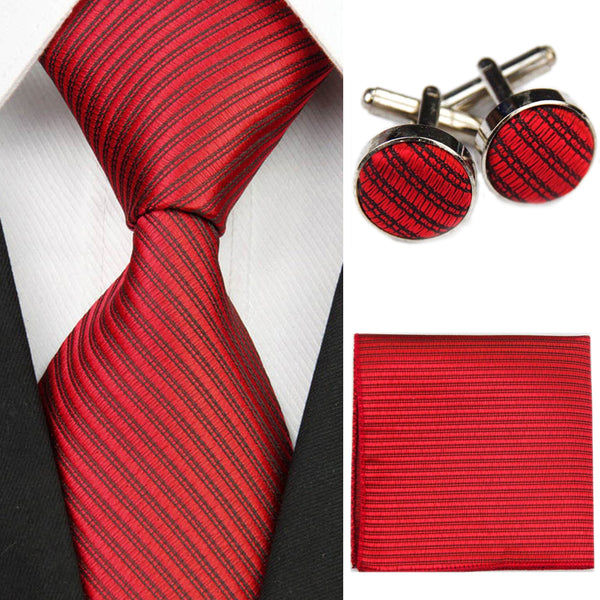 Accessories Ties for Men Solid Striped Pattern Business Silk Tie Sets Hanky Handkerchief Cufflinks Red Black Necktie Gravatas