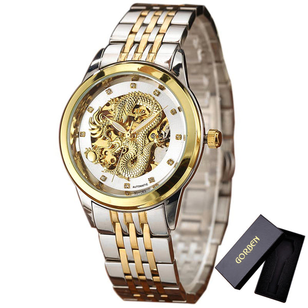 Skeleton Gold Mechanical Watch Men Automatic 3D Carved Dragon Steel Mechanical Wrist Watch China Luxury Top Brand Self Wind 2018