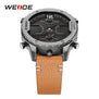 WEIDE Fashion Mens Analog Watch Three Time Zone Digital Calendar Sport Date Quartz Brown Leather Strap Buckle Wristwatches