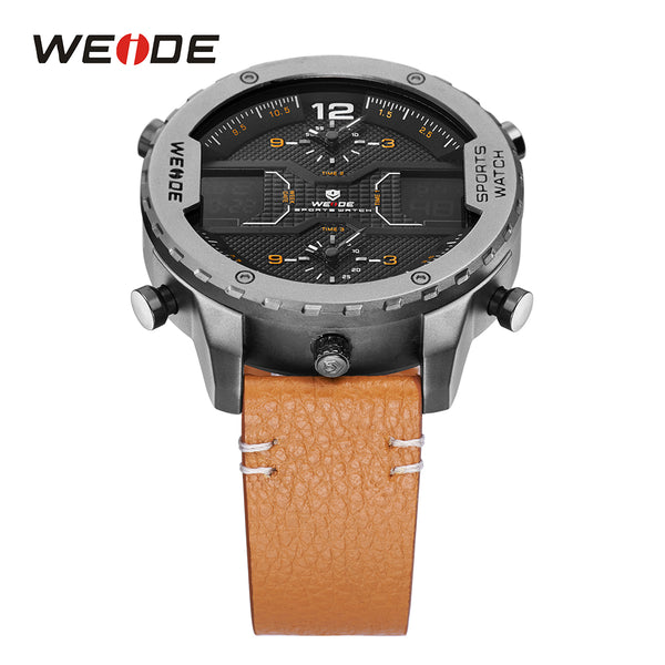 WEIDE Fashion Mens Analog Watch Three Time Zone Digital Calendar Sport Date Quartz Brown Leather Strap Buckle Wristwatches