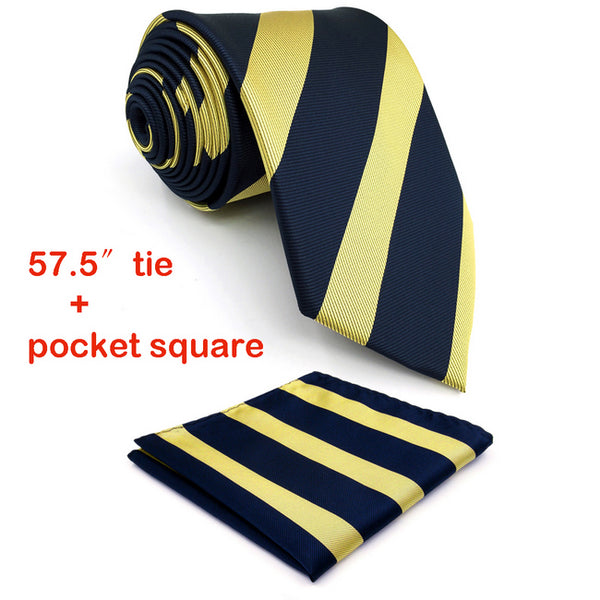 Extra Long Size Matching Hanky Stripes Blue Yellow Men's Neckties Set 100% Silk for male Neckties Extra Long Size 63"