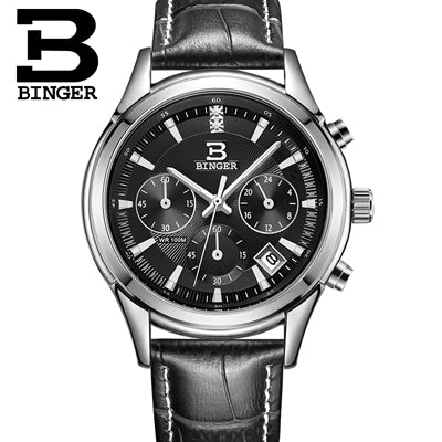 Switzerland BINGER men's watch luxury brand Quartz waterproof genuine leather strap auto Date Chronograph clock BG6019-M