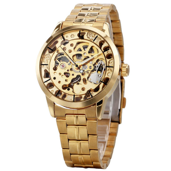 WINNER Luxury Golden Men Automatic Mechanical Wrist Watches Skeleton Louvre Series Luminous Hands Full Stainless Steel Watches