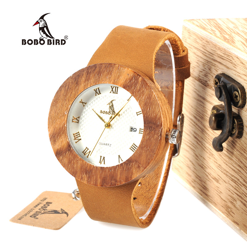 BOBO BIRD WC01 Womens Dress Zebra Wooden Watch Japan 2035 Miyota Movement Quartz Watches Unisex with Calendar in Wood Box