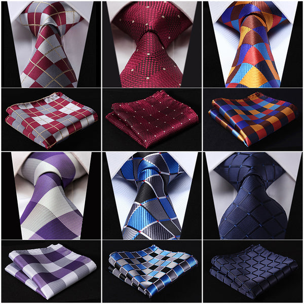 Check 3.4" Silk Fashion Mens Extra Long Tie Necktie Handkerchief Set #Q5 Pocket Square Classic Party Wedding