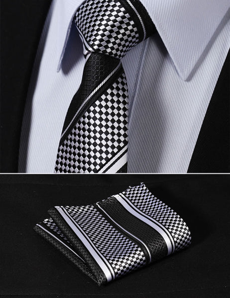 TS4017L7S Black White Stripe 2.75" 100%Silk Woven Slim Skinny Narrow Men Tie Necktie Handkerchief Pocket Square Suit Set