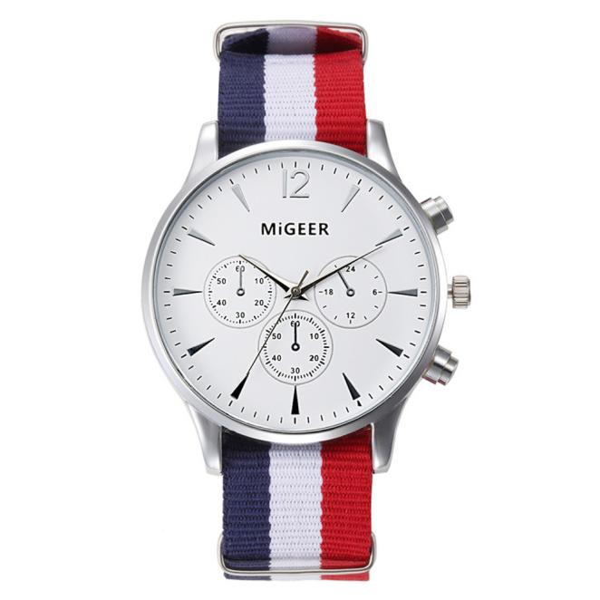 MiGEER 3 Eyes Canvas Watches 2017 New Brand Silver Quartz Watch Discount Sport Watches For Men Relogio Masculino