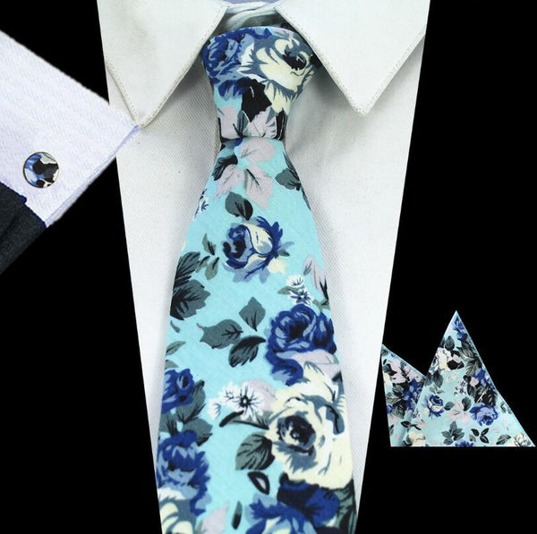 RBOCOTT New Design 8cm Cotton Tie Set Floral Ties Handkerchief And Cufflinks Business Wedding Party Printing Neck Ties For Men