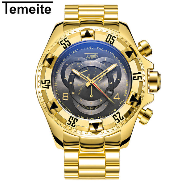 TEMEITE 2017 Men's Sports Quartz Watches Analog Date Men Gold Watches Stainless Steel Wristwatches Waterproof Relogio Masculino