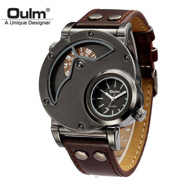 OULM Brand Luxury Brand Watches Men Army Military Dual Time Movement Mens Leather Starp Quartz Wrist Watch relogio masculino