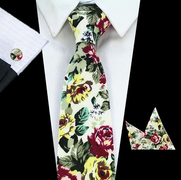 RBOCOTT New Design 8cm Cotton Tie Set Floral Ties Handkerchief And Cufflinks Business Wedding Party Printing Neck Ties For Men