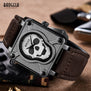 Baogela Mens Waterproof Black Brown Leather Strap Square Dial Quartz Wrist Watches with Luminous Skull BGL1701