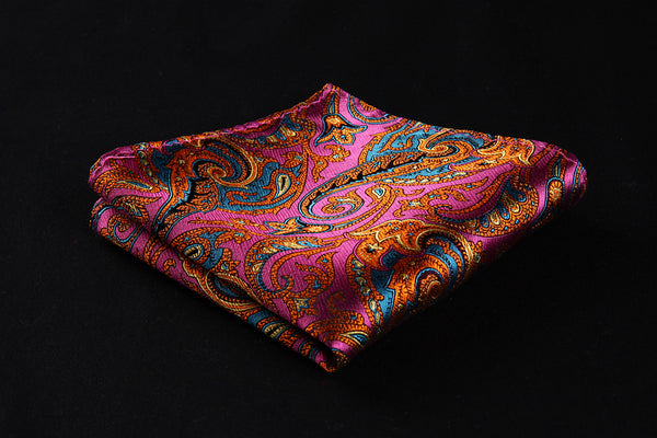 Party Wedding Classic Pocket Square Tie TZP12K8 Pink Orange Paisley 3.4" Silk Men Tie Necktie Handkerchief Cufflinks Set