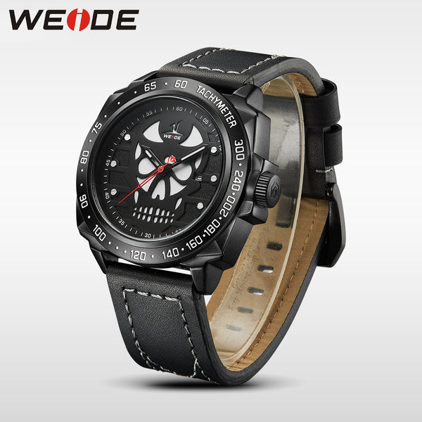 WEIDE Watch Men Leather Strap Cool Skull Dial Analog Display Date Clock Buckle Band Mens Casual Quartz Watch Relogio Masculino