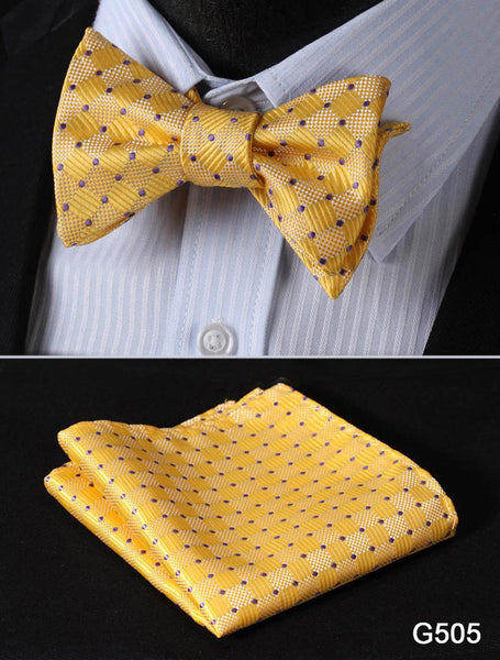 Check Polka Dot Silk Jacquard Woven Men Butterfly Self Bow Tie BowTie Pocket Square Handkerchief Hanky Suit Set G5