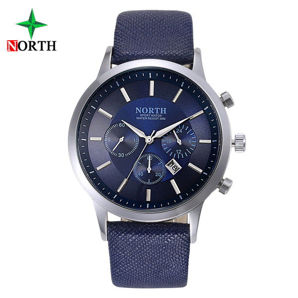 North Luxury Men Watches Waterproof Genuine Leather Fashion Casual Wristwatch Man Business Sport Clock Classic Blue Silver 6009