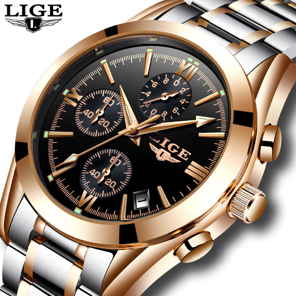 Relogio Masculion LIGE Men Top Luxury Brand Military Sport Watch Men's Quartz Clock Male Full Steel Casual Business gold watch