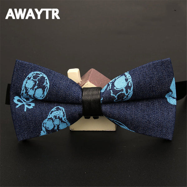 AWAYTR Classic Black Skull Printted Neck Tie for Wedding Men Fashion Business Bow Tie Neckwear Denim Print Bowtie 12*6cm