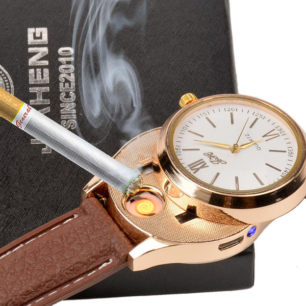 Rechargeable USB Lighter Watches date clock Electronic Men's Casual Quartz Wristwatches Windproof Flameless Cigarette Lighter 33