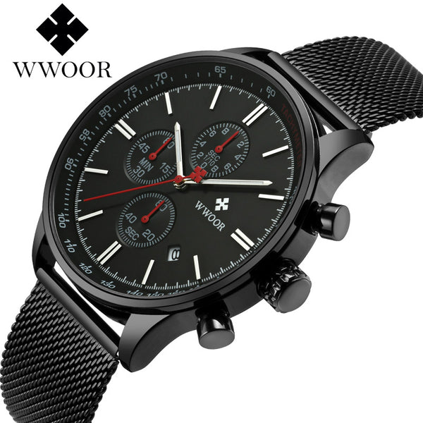 WWOOR Luxury Brand Watch Men's Casual Business Stainless Steel Mesh band Sport men Quartz Watch Fashion Thin Clock Chronograph