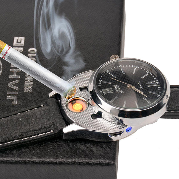 Rechargeable USB Lighter Watches date clock Electronic Men's Casual Quartz Wristwatches Windproof Flameless Cigarette Lighter 33