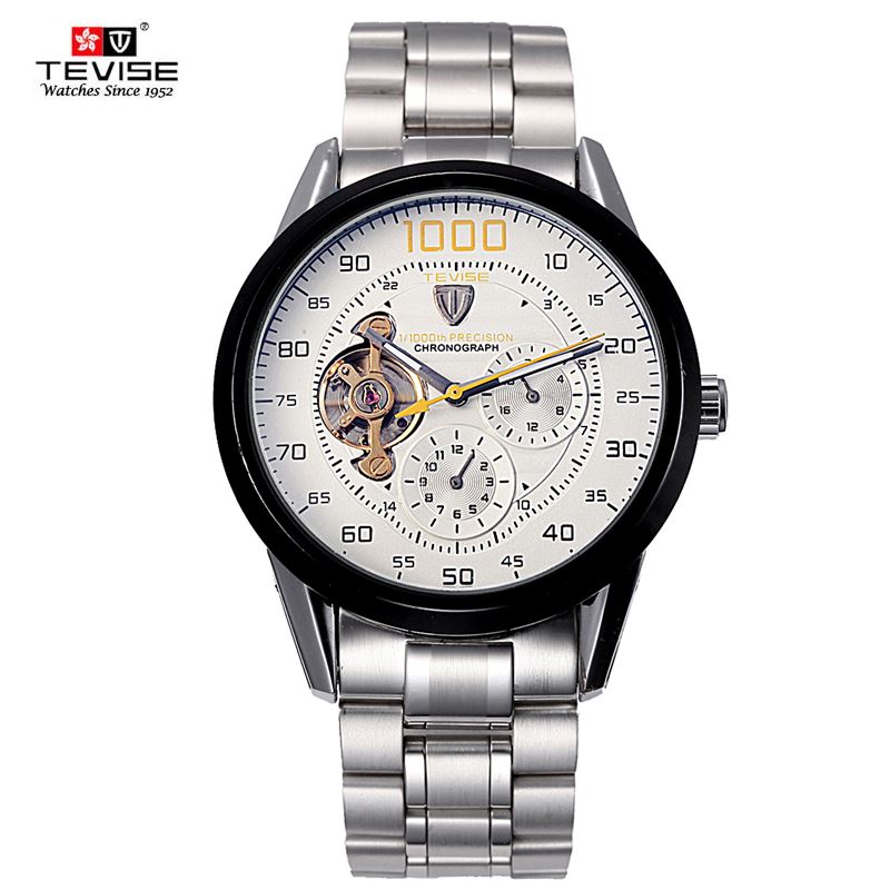 TEAROKE TEVISE Luxury Skeleton Men Watch 44mm Tourbillon Mechanical Automatic Waterproof Stainless Steel Band Sport Wristwatches