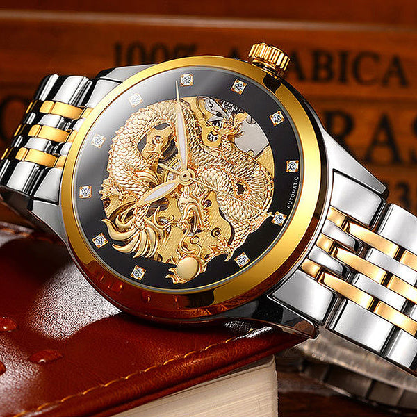 Reloj Hombre Dragon Skeleton Automatic Mechanical Watches For Men Wrist Watch Steel Strap Gold Clock 50m Waterproof Male Hodinky