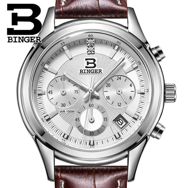 Switzerland BINGER men's watch luxury brand Quartz waterproof genuine leather strap auto Date Chronograph clock BG6019-M