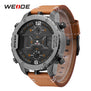 WEIDE Fashion Mens Analog Watch Three Time Zone Digital Calendar Sport Date Quartz Brown Leather Strap Buckle Wristwatches