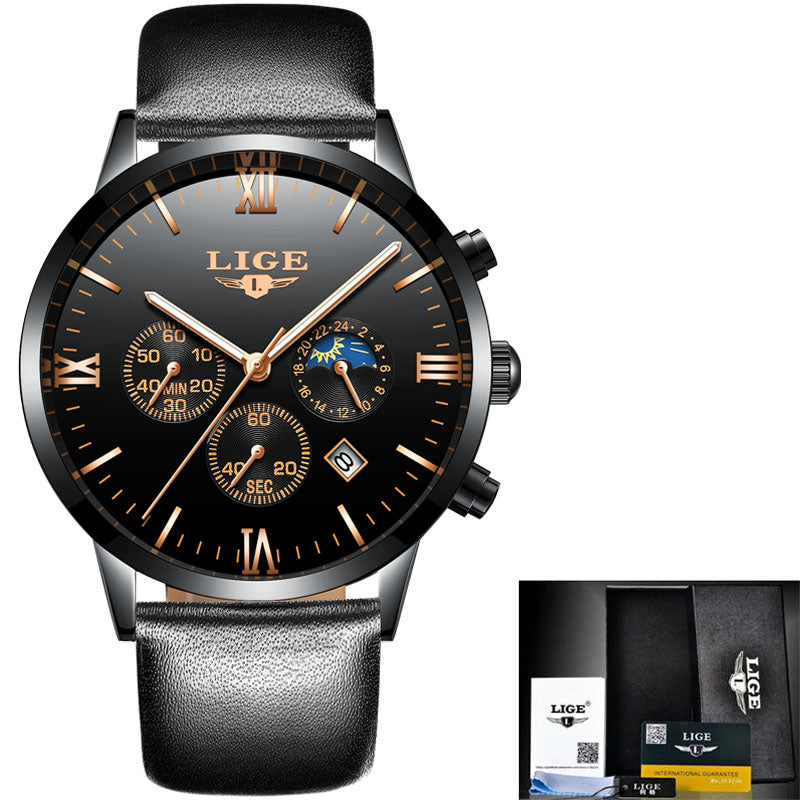 Men Watches Luxury Brand LIGE Multi Function Mens Sport Quartz Watch Man Waterproof leather Business Clock Male Wrist Watch
