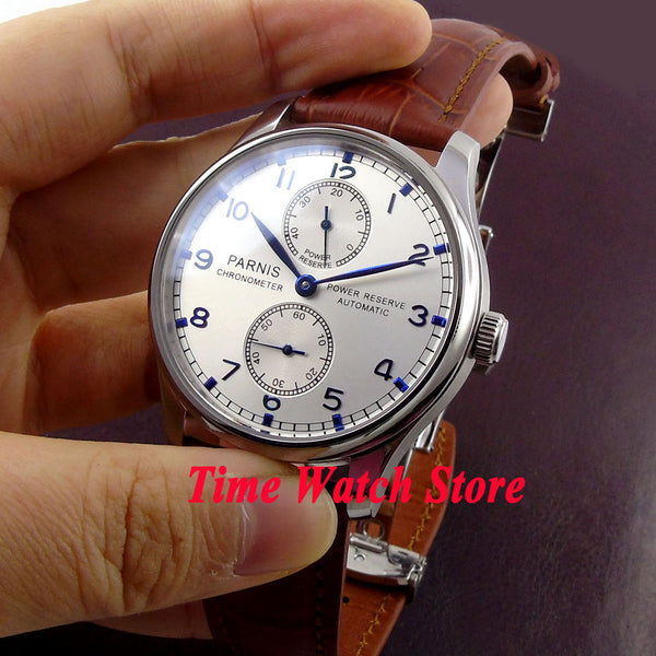 Parnis 43mm Power reserve deployant clasp ST2542 Automatic movement Men's watch 99 silver dial blue hands