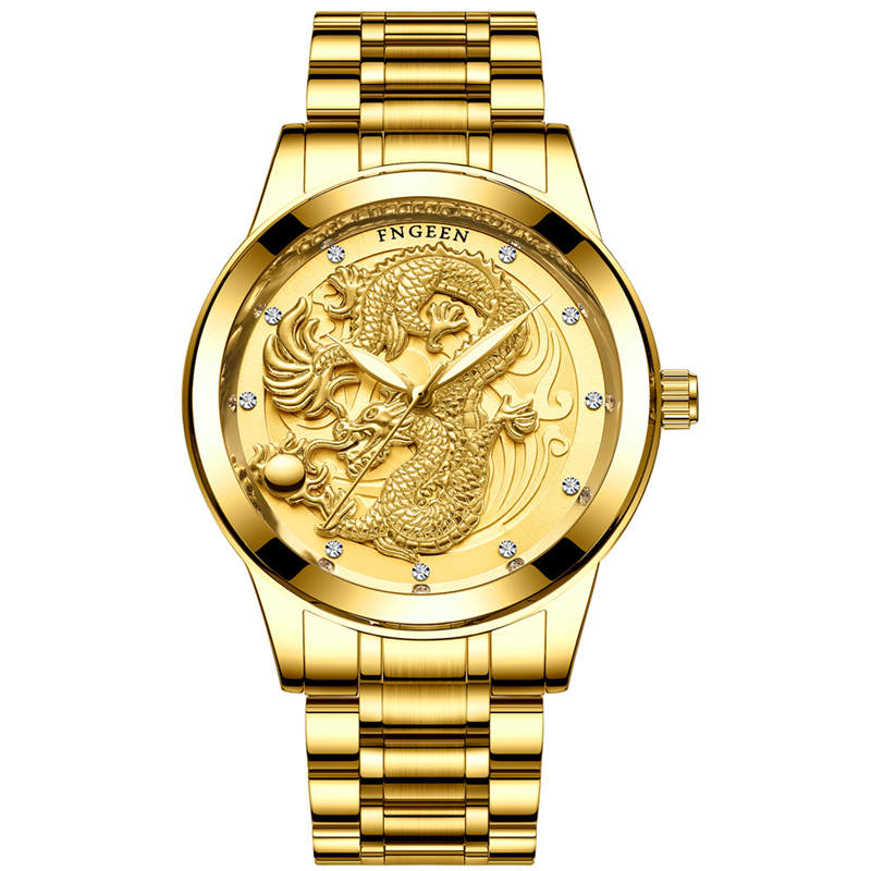 Dragon Gold Watch men watches fashion stainless steel Wristwatch 3D art Quartz clock waterproof Luxury Cool super mens relogio