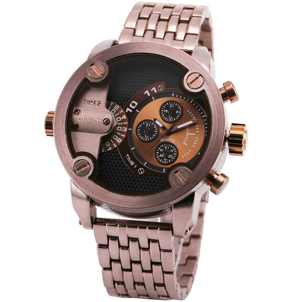 OULM Men's Casual Military Quartz Wristwatch Leather Strap Oversize Dual Time Zone Sub Dial Luxury DZ Watches Design + Gift Box