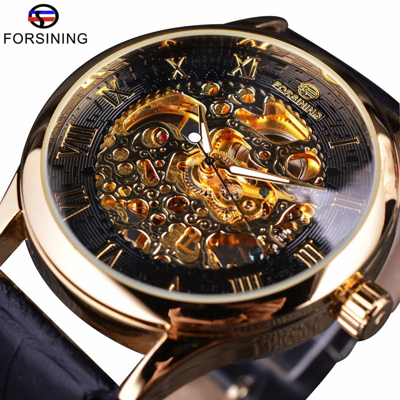 Forsining Retro Classic Design Roman Number Display Transparent Case Mechanical Skeleton Watch Men Watch Top Brand Luxury Clcok