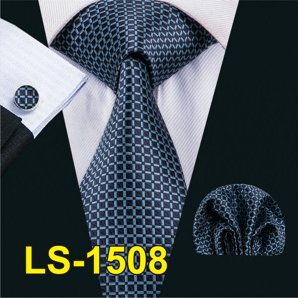 LS-822 Mens Tie Black Paisley 100% Silk Classic Barry.Wang Tie Hanky Cufflinks Set For Men Formal Wedding Party Groom Hot Sell