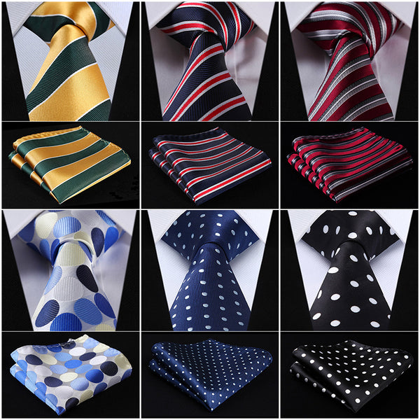 Pocket Square Classic Party Wedding Dot Striped 3.4" Silk Fashion Wedding Mens Extra Long Tie XL Necktie Handkerchief Set #Q7