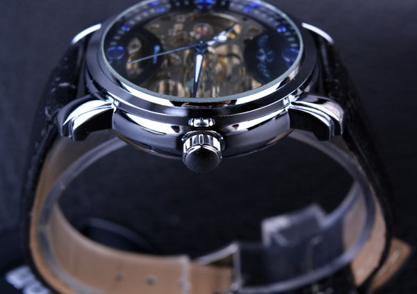 Winner Black Skeleton Designer Blue Engraving Clock Men Leather Strap Mens Watches Top Brand Luxury Automatic Watch Montre Homme