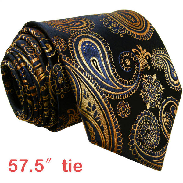 U10 Paisley Gold Blue Navy Mens Neckties Extra Long Size Matching Hanky100% Silk Casual Dress Men Ties Designers Fashion 63"
