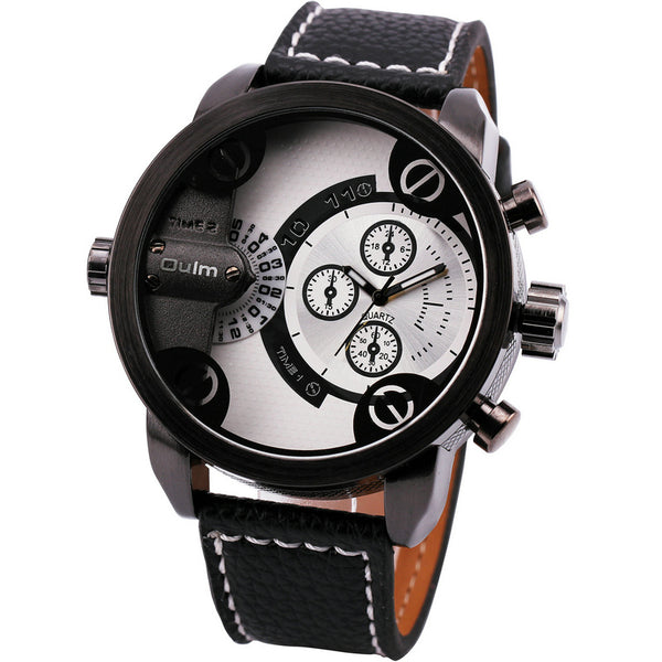 OULM Men's Casual Military Quartz Wristwatch Leather Strap Oversize Dual Time Zone Sub Dial Luxury DZ Watches Design + Gift Box