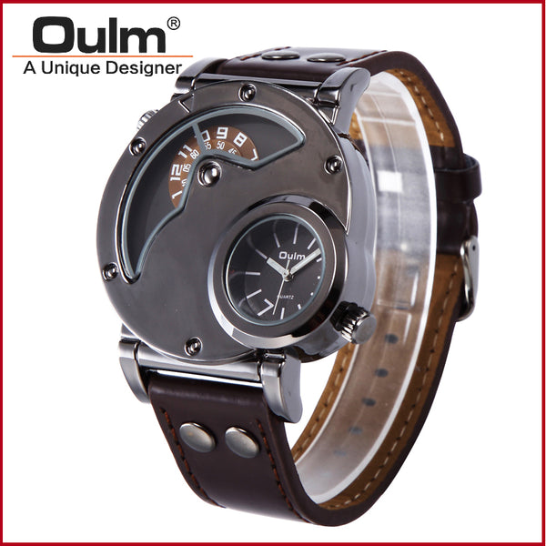 Top Brand Luxury OULM 9591 Men Watches Stainless Steel Case Dual Time PU Leather Quartz-watch Sports Men's Watches