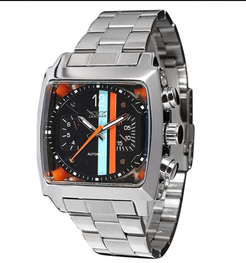 JARAGAR Stainless Steel Square Transparent Case Back High Quality Auto Movement Men's Mechanical Watch Male Wristwatch Relogio