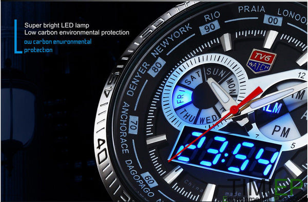 TVG 2018 Hight Quality Stainless Steel Men's Clock Fashion Blue Binary LED Pointer Military Sports Watch Mens 30AM Waterproof