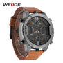 WEIDE Fashion Mens Analog Watch Three Time Zone Digital Calendar Sport Date Quartz Brown Leather Strap Buckle Wristwatches