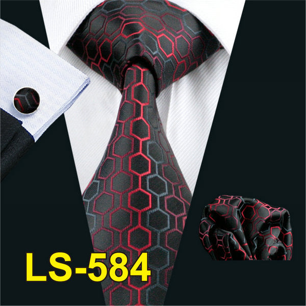 LS-822 Mens Tie Black Paisley 100% Silk Classic Barry.Wang Tie Hanky Cufflinks Set For Men Formal Wedding Party Groom Hot Sell